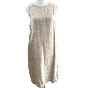 Garnet Hill Linen Sz 6 Camp Euro Summer Tan Shift Dress Pockets Knee Length